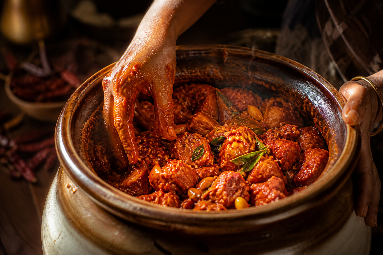 Spiced chicken pickle being mixed by hand in a ceramic jar