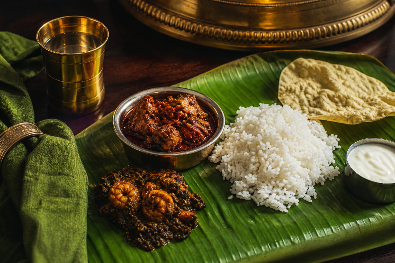 South Indian rice meal with chicken pickle and Gongura pickle on a banana leaf